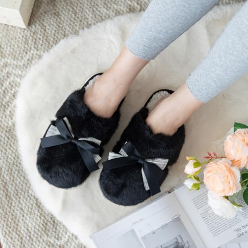 Image of GOEWY Cute Women's Memory Foam House Slippers - Fuzzy Plush Faux Fur Slippers with Bow Butterfly Tie - Anti-Skid Indoor /Outdoor Gifts for Women, Moms & Ladies