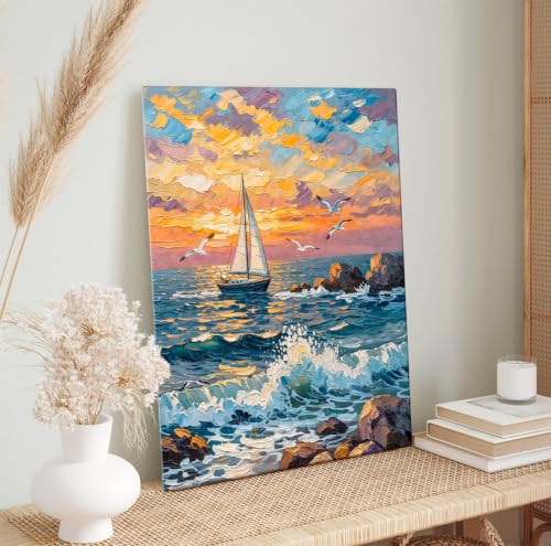 Image of ArtX Boat Canvas Painting for Vastu, Colorful Landscape Wall Art, Nature Canvas Painting, Gallery Wrapped Canvas for Living Room, Bedroom, Office Decor, 45 x 58 cms