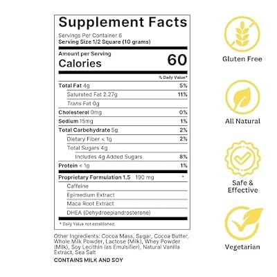 Tabs Dark Chocolate Squares (1 Box) - 60% Cocoa with Epimedium and Maca Root - Vegetarian and Gluten-Free