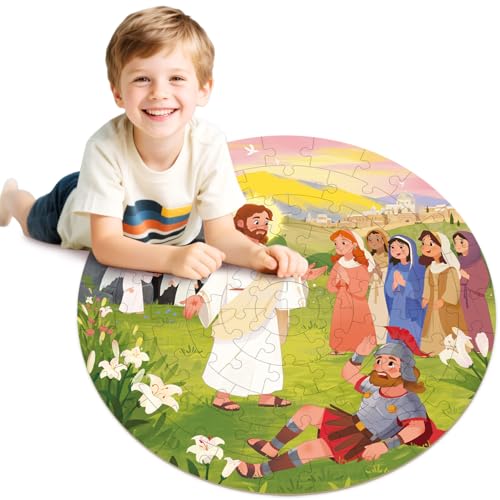 MoinKidz Wooden Easter Puzzle for Kids Ages 3-5, 70 Piece 17.7x17.7 Inches Round Floor Puzzles for Kids Ages 4-8, Bible Themed Christian Religious Easter Gifts for 3 4 5 6 Year Old