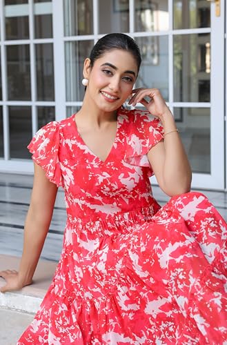 Image of Janasya Women's Georgette Printed Flared Western Dress