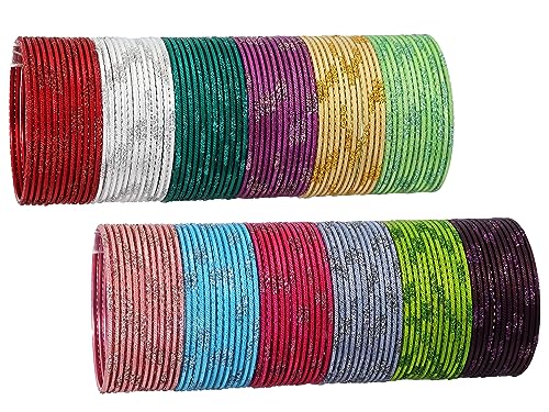 Image of NMII Stylish Multi colour Metal Bangles set for women and Girls with Zari and Cutting Design | Fancy Multicolour Bangles for women | Metal Chudi Set For Women | Women's Bangles