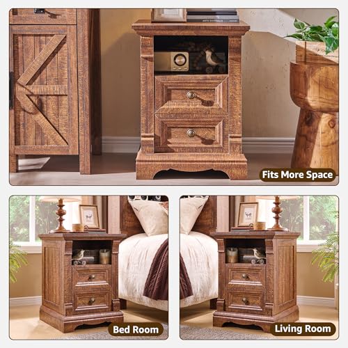 Image of Nightstand Set of 2, 18 inchWooden End Table with Charging Station Roman Column