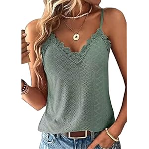 Sexy Lace Tank Tops for Women Summer Lace Splicing Spaghetti Strap Shirt Hollow Out Crochet Sleeveless Camisole(Samll,Green)