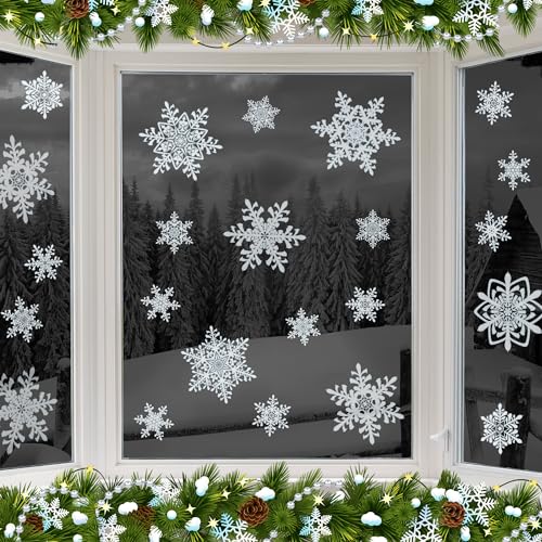 Articlings 24 Large Snowflake Window Clings - Quick and Simple Christmas Decoration Stickers - Glueless PVC Window Stickers for Glass Reusable Indoor Xmas Stickers