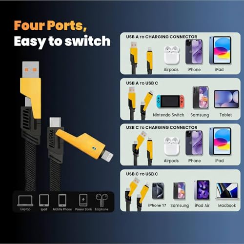 Image of 4-in-1 65W Fast Charging Braided Cable | Multi Charging Cable with Type-C & USB-A | 1.5m Durable Nylon Cable for Smartphones & Tablets