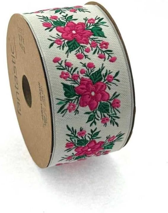 Floral Pattern Woven Border Ribbon 5cm (1.97") – 10m (32.8 ft) Roll | 100% Polyester Jacquard Ribbon for Sewing, Crafts & Home Décor (White/Pink)