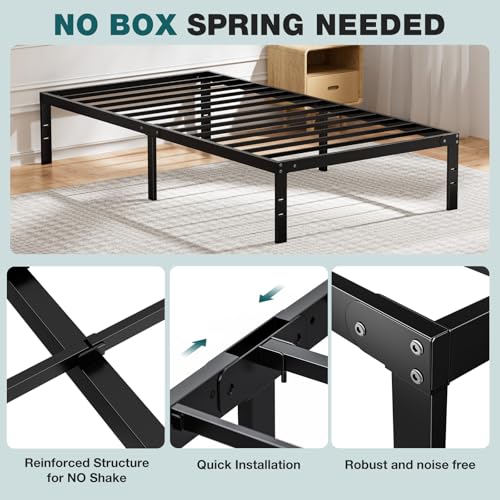 Image of OLIXIS 14in Metal Twin Bed Frame High with Storage Space, Sturdy Steel Slat Support with 800LBS Heavy Duty, No Box Spring Needed, Easy Assembly, Black for Bedroom