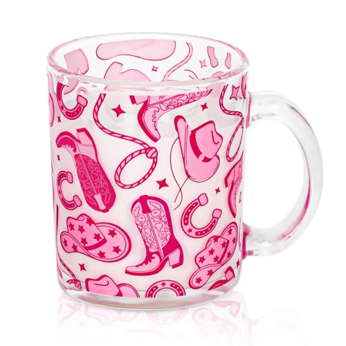 Taza de vidrio 12 oz color rosa con diseño vaquero miniatura 1