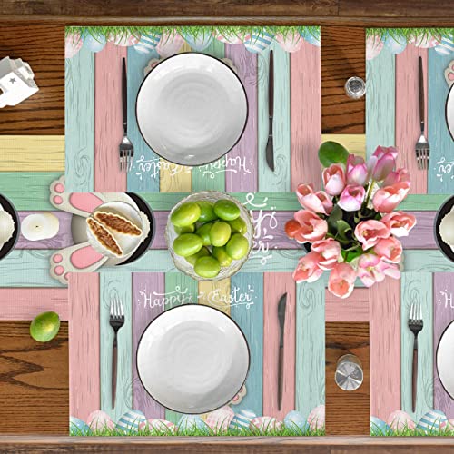 Happy Easter Placemats Set Of 4,Easter Bunny Colorful Eggs Wood Grain Place Mats Heat Resistant Waterproof Cloth Placemat For Kitchen Dining Table Easter Party Decorations 12 X 18 Inch #TOP5
