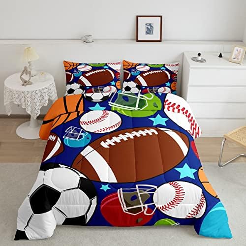 jejeloiu Kids Sports Comforter Set Football Basketball Tennis Baseball Bedding Boys Teens Sports Comforter with 2 Pillowcases(Queen)