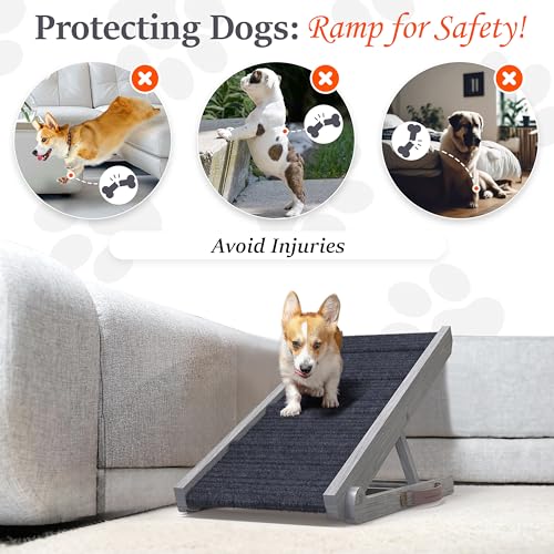 PATHOSIO PETS Dog Ramp for Bed Small Dog to Large Dog - Portable Ramp for Dogs, Folding Dog Ramp for All Breeds - Adjustable Wooden Dog Ramp for Couch,Car or Sofa (Grey Wood_Grey Carpet, Small) - Thumbnail 5