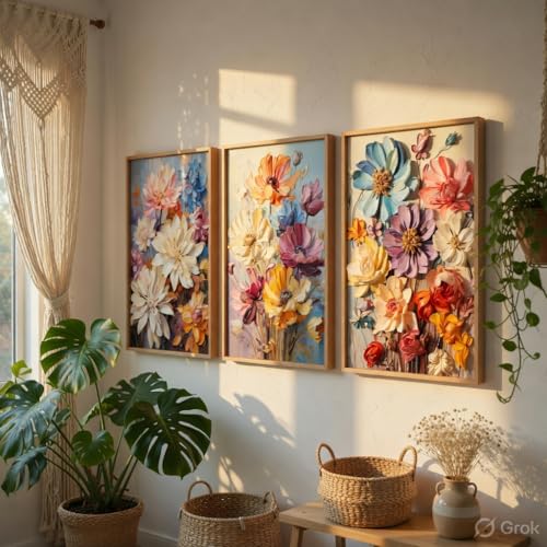 Image of Livin'luxe Colorful Floral Wall Painting Set of 3 with Wooden Frames | Modern Flower Bouquet Artwork HD Sparkle Laminated MDF Wall Decor | Botanical Wall Art for Living Room Bedroom
