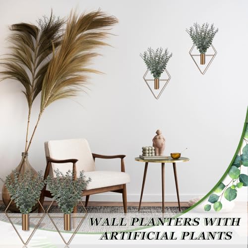 Image of Jexine Hanging Planters with Artificial Eucalyptus Metal Hanging Vase Indoor Plants Holder Modern Geometric Boho Bathroom Wall Decor for Living Room Home Office (Bronze,8 Pcs)