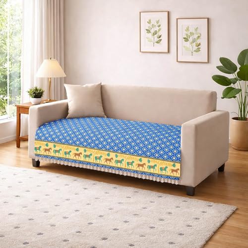 Image of Roseate Quilted Velvet Sofa Cover (2 Seater / 48 inchx27 inch) Sofa Protector for Living Room /Bedroom interiors (Blue /Harley) with Tassels