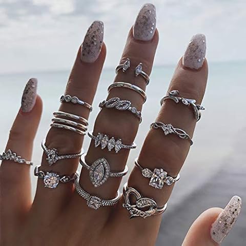 HshDUti 15pcs Silver Love Heart Rhinestone Diamond Knuckle Ring Set for Women Girls Bohemian Vintage Stackable Midi Finger Rings Set Birthday Christmas Valentines Gifts Silver Cover