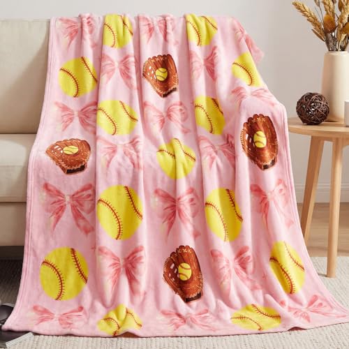 HunnmingRe Softball Blanket 50x60 Coquette Pink Bow Pink Soft Throw Blanket Softball Gifts for Girls Women Team Players Coach Unique Gifts for Sports Lovers