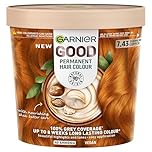 Garnier GOOD Permanent Hair Dye, 7.43 Tumeric Copper. Ensures 100% grey coverage and 8-week colour. No ammonia, vegan shea butter formula delivers vibrant results for all hair types.