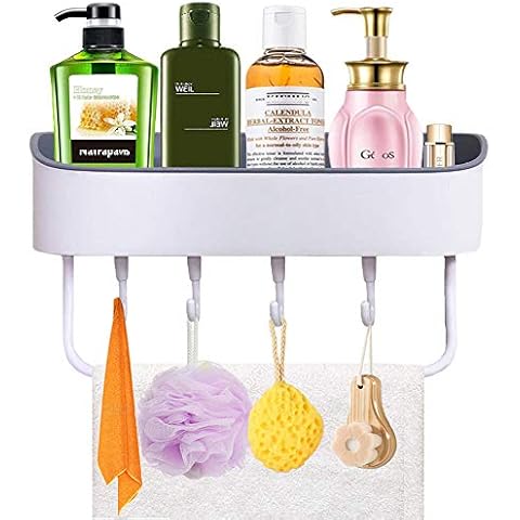 Shower Caddy, Self Adhesive Wall Mounted Shower Organiser, Shampoo Toiletries Shelves Shelf Organizer Spices Storage Basket Soap Holder Tray with 4 Hooks & 1 Towel Bar Rack Rails, No Drill Needed Cover