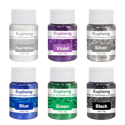 Eupheng 6 Colors Glitter for Soft Plastic Lure Making, Premium Fishing Lure Glitter Powder, Heat/Solvent Resistant, 2/3oz Each