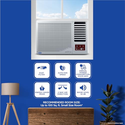 Image of Carrier 1 Ton 3 Star Fixed Speed Window AC(Copper,High Density Filter for Dust Filtration, 2Way Air Directional Control, Estra EX -CAW12SC3R34F0,White)