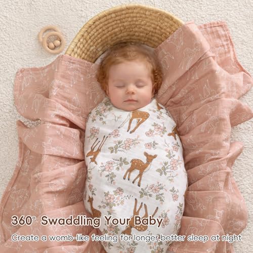 Image of david's kids 4 Pack Baby Muslin Swaddle Blankets, 100% Cotton and Ultra Soft Breathable Receiving Blanket Wrap for Girls, New Born Essentials, Large 47 x 47 inches, Animals & Floral