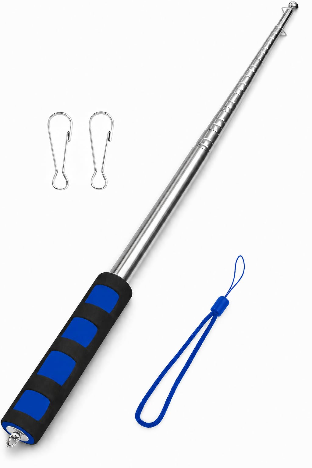 AKORD 2m Telescopic Stainless Steel Flagpole โ Portable Extendable Pole, Non-Slip Sponge Handle, Dual Rings for Tour Guides, Events & Travel Groups, Blue