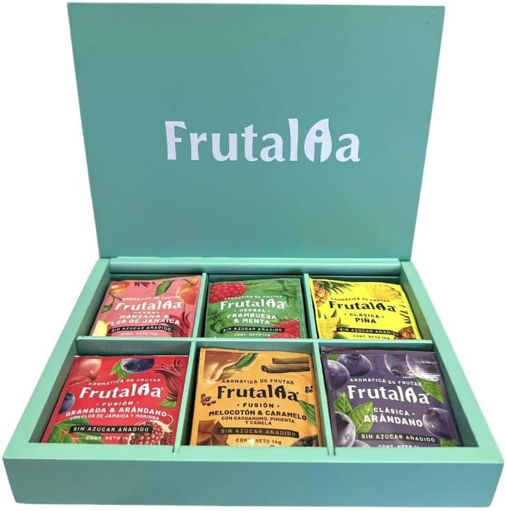 Frutalia Caja de madera Turquesa con 10 aromaticas de sabor clasica, 10 herbal y 10 fusion, Frutalia aromatica, Frutalia aromatica de frutas Colombiana