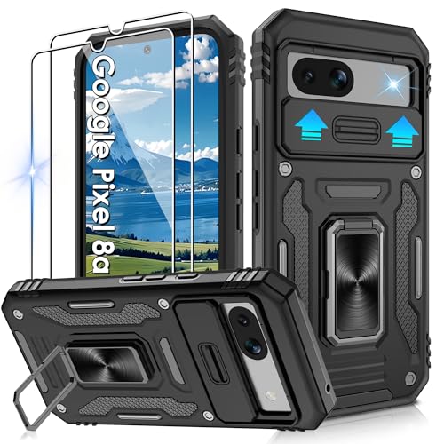 Jshru for Google Pixel 8a Case with 2 Pack Screen Protector,Military Grade Shockproof Pixel 8a Case with Slide Camera Cover,Ring Stand Phone Cover for Google Pixel 8a,Black