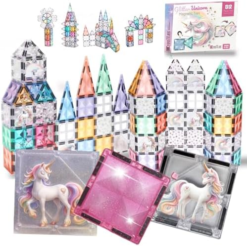 Glitter Unicorn Pony Magnetic Tiles: Building Blocks Toys for Kid...