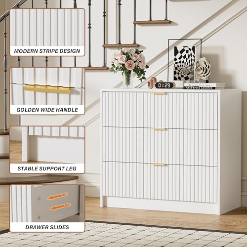 Image of Furniway Fluted Nightstands Set of 2, 31.5 inch Large Bedside Tables with 3 Drawers, Modern Wood Night Stands with Storage for Bedroom, White