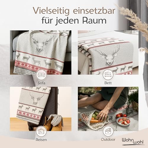 WOHNWOHL® Kuscheldecke (150x200cm) • Weiche Tagesdecke • Sofadecke • Wohndecke • Schlafdecke • Oeko-Tex zertifizierte Baumwolldecke • Samtig weiche Decke • Decke mit Hirschen