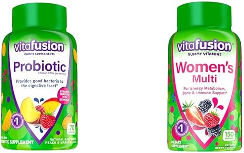 Vitafusion Suplementos probióticos de gomitas, sabores de frambuesa, melocotón y mango y gomitas multivitamínicas para mujer, vitaminas diarias con