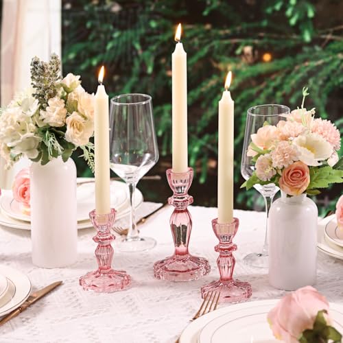 Simeitol Pink Candlestick Holders Set of 6, Taper Candle Holders, 4.3" H & 6.3" H Glass Candle Holder for Candlesticks & Pillar Candles, Candle Holder for Table Centerpieces, Wedding and Mother's Day by simeitol - Image 6
