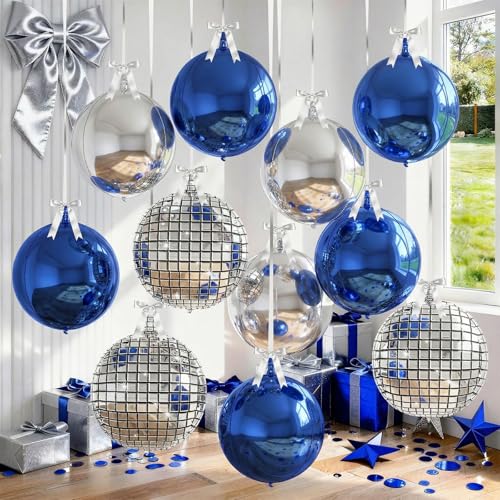 Image of 9 Pcs Blue Silver Round Foil Balloons Dark Navy Blue Metallic Silver Disco 4D Ball Balloons 22 In Ornament Mylar Balloon for Birthday Graduation Wedding Anniversary Retro Disco Prom Party Decor