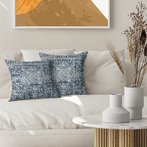 Boho Pillow Covers 18x18 Set of 2, Blue Carpet Pattern Decorative Throw Pillows Linen Ethnic Design Farmhouse Cushion Pillow Covers for Sofa Couch Outdoor Decor