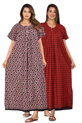 Image of Kuruti B Sheets Cotton Nighty for Women Jaipuri Print 2 Button Round Neck Short Sleeve Night Gown | Maxi Dress