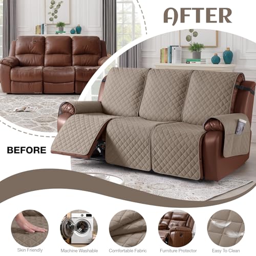 Image of KinCam Waterproof Recliner Sofa Cover, Non-Slip Reclining Couch Covers for 3 Seat, Recliner Couch Cover Furniture Protector with Elastic Straps for Pets, Kids, Taupe