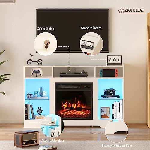 Electric Fireplace Tv Stand For Living Room Modern Entertainment Center With Fireplace& Led Light-Media Console W/Glass Shelves #TOP4