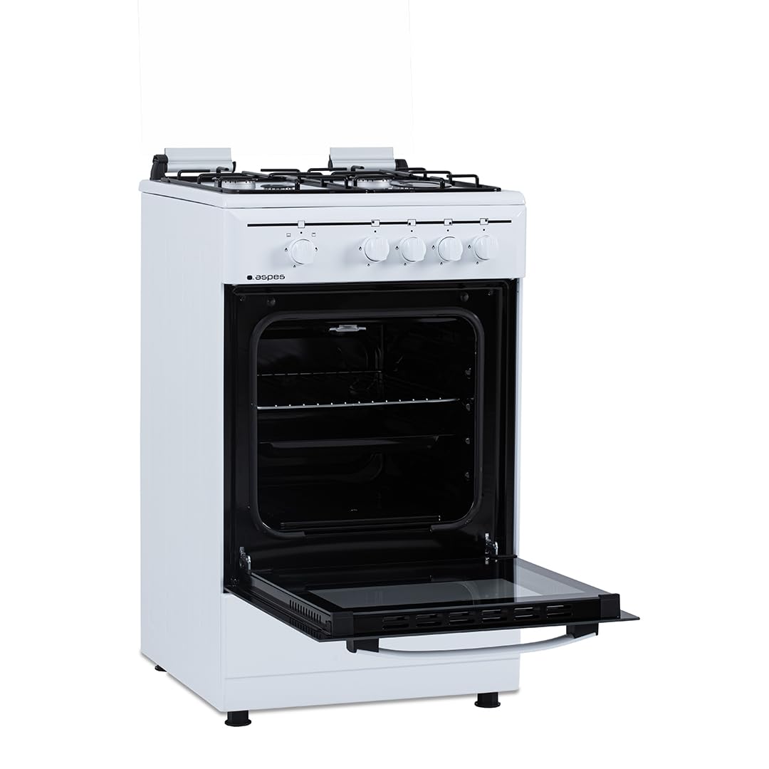 Aspes Cocina Gas Butano, 4 Zonas de Cocción, Horno 55L, Blanco, AKG4501. Control Manual, 2 Programas de Cocción, Compartimento Bombona, Cristal en Puerta Doble Capa, Tapa Abatible