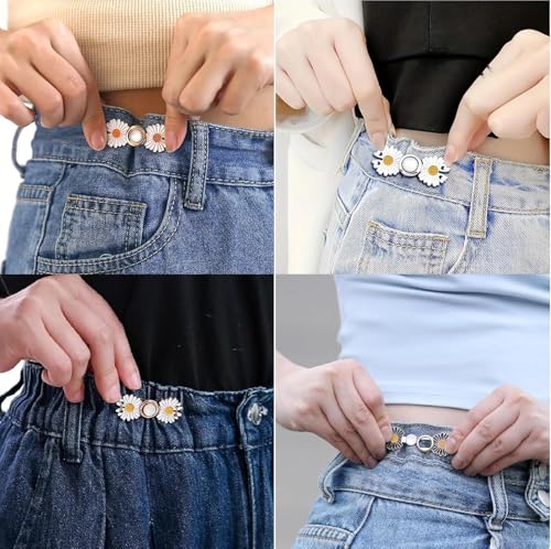 Image of || Set of 2 || Flower Instant Jean Button Pins, Removable Adjustable Pant Waistband Tightener, No-Sew Metal Buttons for Loose Jeans, Easy Clip-On Denim, Skirts &Trousers,Fashion Accessory for Women.