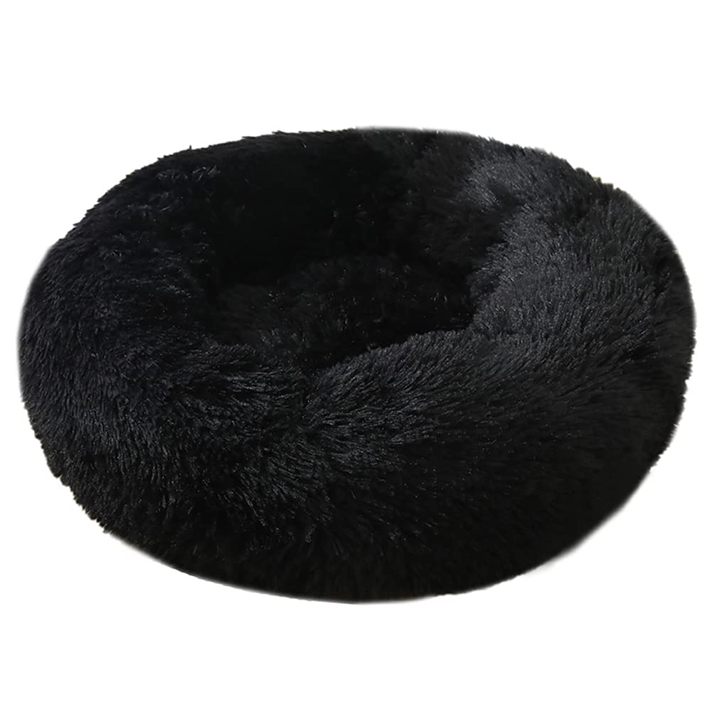 Cozomiz Calming Faux Fur Dog Beds Calming Donut Cuddler Dog Bed Washable Round Cat Bed Pillow Cuddler Fluffy Indoor Dog Calming Beds with Anti Slip Bottom Solid Color Black 16 Inch
