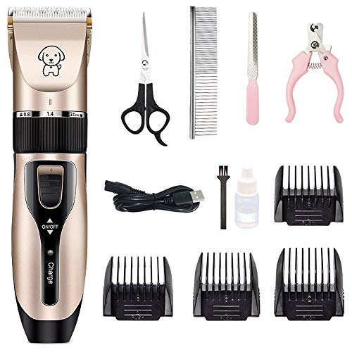 Dog Clippers, USB Rechargeable Cordless Dog Grooming Kit, Low Noise Electric Pets Hair Trimmers Shaver Shears with Comb Guides Scissors Nail Kits for Dogs, Cats and Rabbits