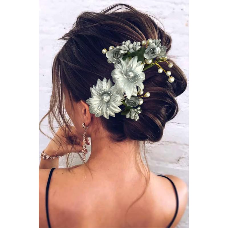 Hair Flare Women Artificial Flower with Pearls Hair Pin/Hair Accessories And Hair Pins for Women and Girls – 2166, Silver, Pack of 1