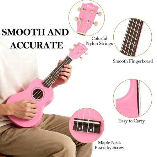 Image of Everjoys Soprano Ukulele Beginner Kit 21 Inch w /Free Online Lesson Gig Bag Tuner Picks Strap, Fast to Learn (Pink)