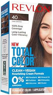 Permanent Hair Color by Revlon, Permanent Hair Dye, Total Color with 100% Gray Coverage, Clean & Vegan, 40 Dark Brown, 3.5 Oz