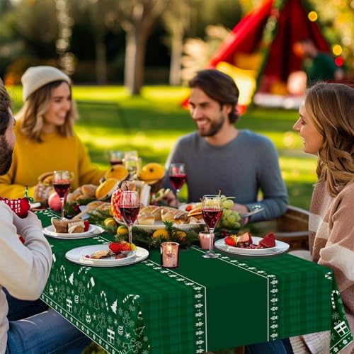 Image of Childom 2 Pack Christmas Tablecloth Disposable,Christmas Decorations,54 x 108 Inch,Plastic Tablecloths for Rectangle Tables,Green Themed Checkered Table Covers for Xmas,Indoor,Outdoor,Birthday,Parties