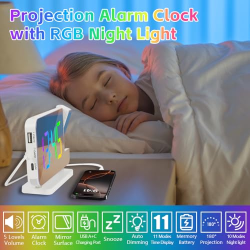 Adiwo Projektionswecker, Wecker mit Projektion LED Bildschirm, USB-C-Anschluss, Einstellbare Helligkeit Alarmlautstärke, für Schlafzimmer, Decke, Wand, Haus, Kinder, Senioren