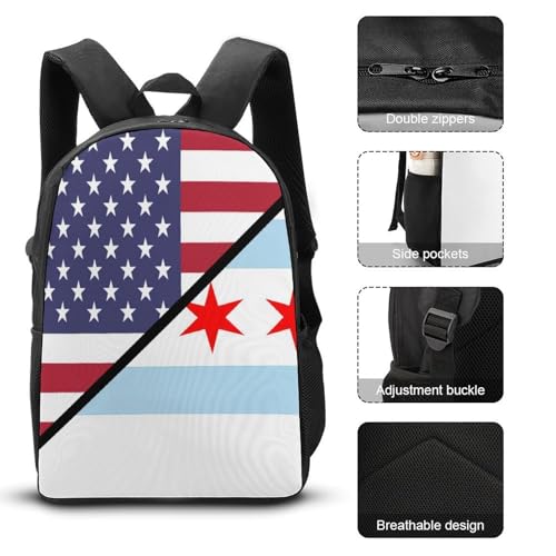 U.S. And Chicagos Flag Classic Backpack Lunch Bag Pencil Case 3 Piece Set Travel Daypack3