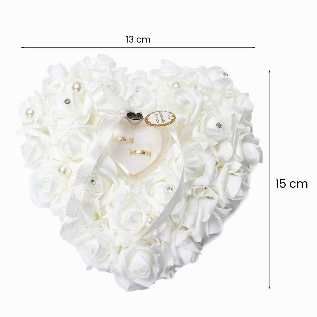 Wakects Coussin de Mariage Romantique en Forme de cœur avec Roses pour alliances en Satin, Accessoires de Mariage 24 x 25 cm